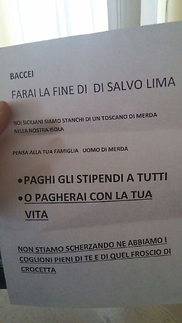Lettera minatoria a Baccei: &laquo;Farai la fine di Salvo Lima&raquo;